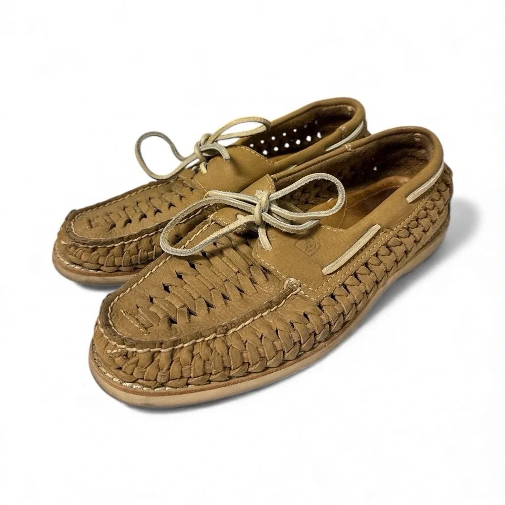 Sperry‎ Tan Leather Sully Woven Boat Shoes Mens Size 8.5